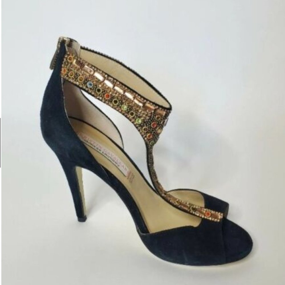 Chinese Laundry Kristen Cavallari Leather Suede Jewel Zip Back Open Toe Heel 5.5